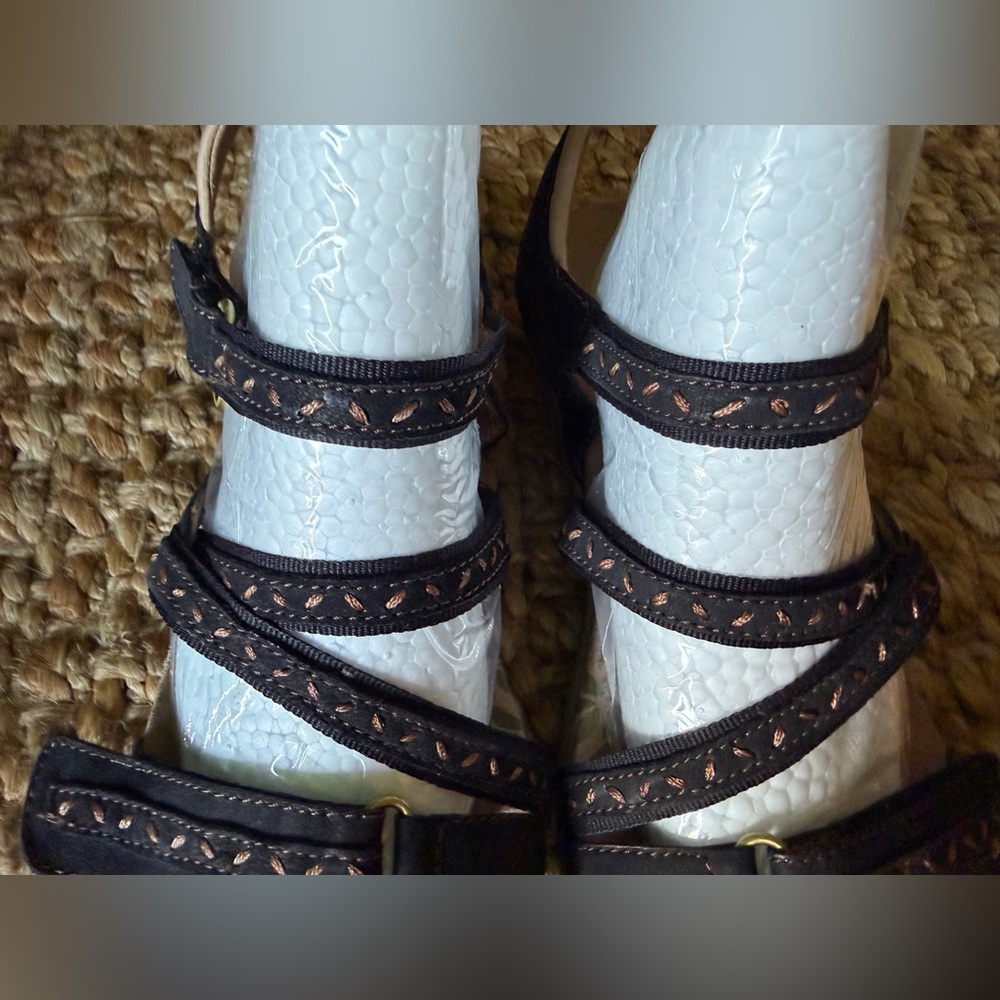 Easy Spirit Women's Sandals Size 8 Adjustable Strap Black Tan Palm Trees summer - Picture 3 of 13